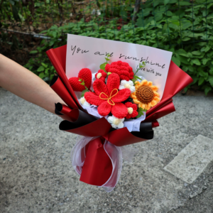 Handmade crochet red tulip love bouquet, romantic true red yarn flower bunch for valentine gift, everlasting knitted floral centerpiece, unique anniversary present for her