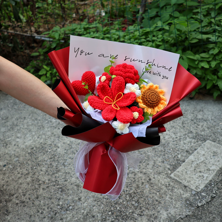 Handmade crochet red tulip love bouquet, romantic true red yarn flower bunch for valentine gift, everlasting knitted floral centerpiece, unique anniversary present for her