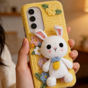 Handmade crochet rabbit phone cover featuring a cute bunny design with long floppy ears, embroidered facial details, and a soft cream and pink color palette, perfectly fitting a smartphone.