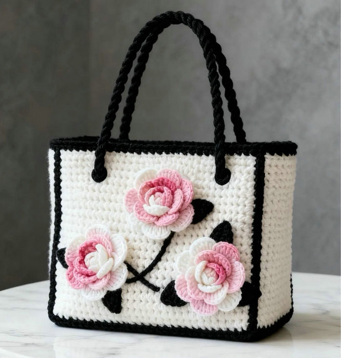 3D Pink & White Crocheted Camellia Flower Handbag for Women