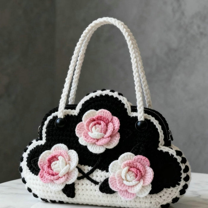 Black and white cloud-shaped crochet handbag for women with pink floral applique