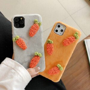 Handmade crochet iPhone case in adorable carrot design with green leafy top, offering snug protection with a playful, seasonal theme.