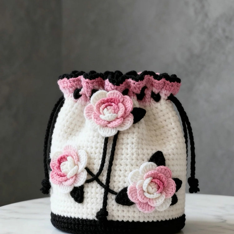 Drawstring Crochet Bucket Bag (Pink Ruffle + Black Cord)