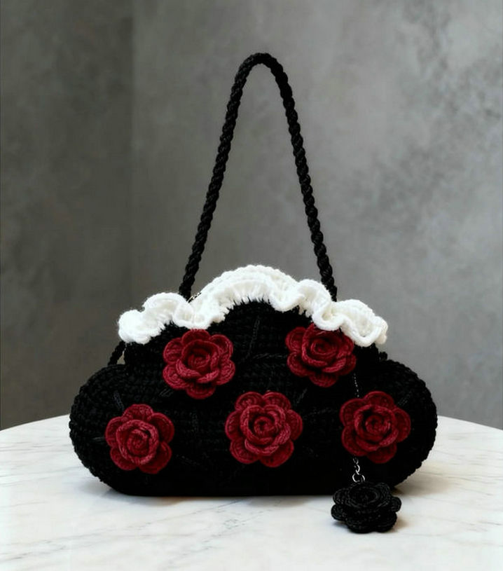 Vintage grunge crochet handbag for women with ruffled edges