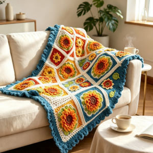 Warm chunky knit sunflower crochet blanket handmade in [Your Country], rustic farmhouse style sofa throw for cozy nights