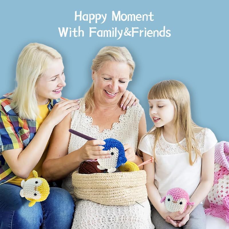 An amigurumi doll crochet kit including a completed doll sample, crochet hook, yarn, and instruction booklet laid out on a table.