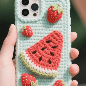 A handmade crochet phone case featuring watermelon and strawberry designs in green, red, and pink yarn, with textured fruit details and a snug fit for smartphones.