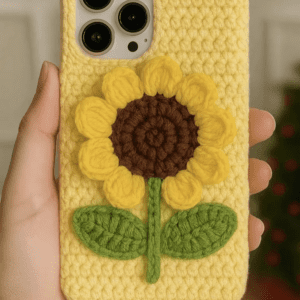 A colorful handmade crochet sunflower phone case with yellow petals, brown center, and leafy accents, designed to snugly fit a smartphone.