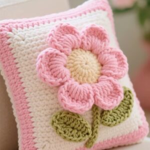 Handmade crochet cushion in a fresh, natural color palette, featuring intricate stitch patterns and a round shape, perfect for cozy home decor.