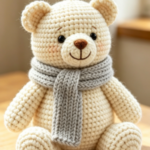 Handmade crochet bear pendant in soft brown yarn, featuring a cute bear face with embroidered eyes and nose, small rounded ears, and a tiny loop for hanging, displayed on a light wooden surface.