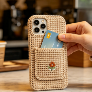 Handmade crochet phone case with a built-in card holder, featuring a soft cream and beige striped pattern, textured stitches, and a secure slot for cards, displayed on a light wooden surface with a smartphone inside.