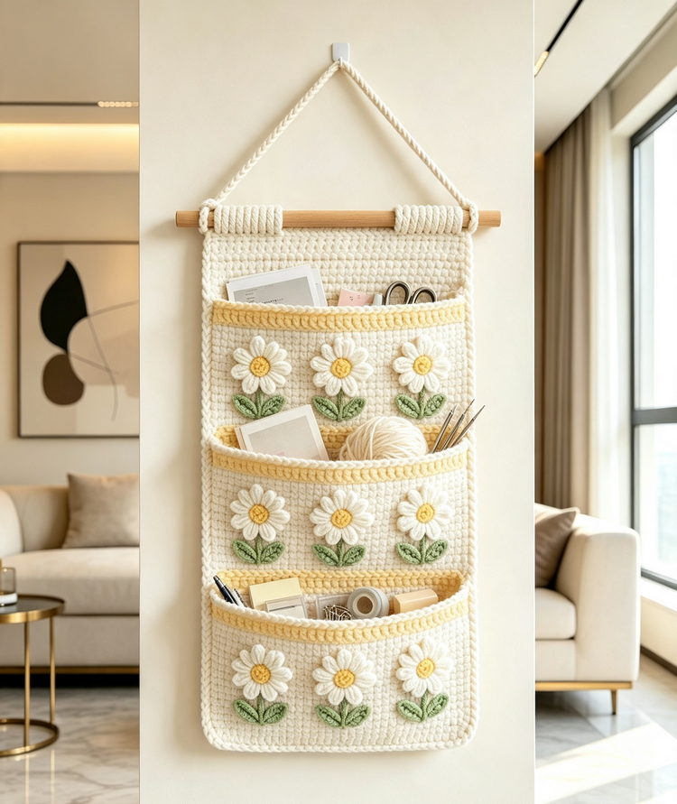 Handmade crochet flower wall organizer with a yellow daisy motif and storage pockets, hanging on a white wall.