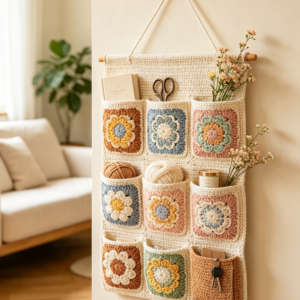 Handmade crochet wall organizer with a flower motif in yellow and brown tones, featuring multiple storage pockets and a wooden hanging dowel, displayed against a light wall in a cozy room setting – a functional and decorative boho storage piece.