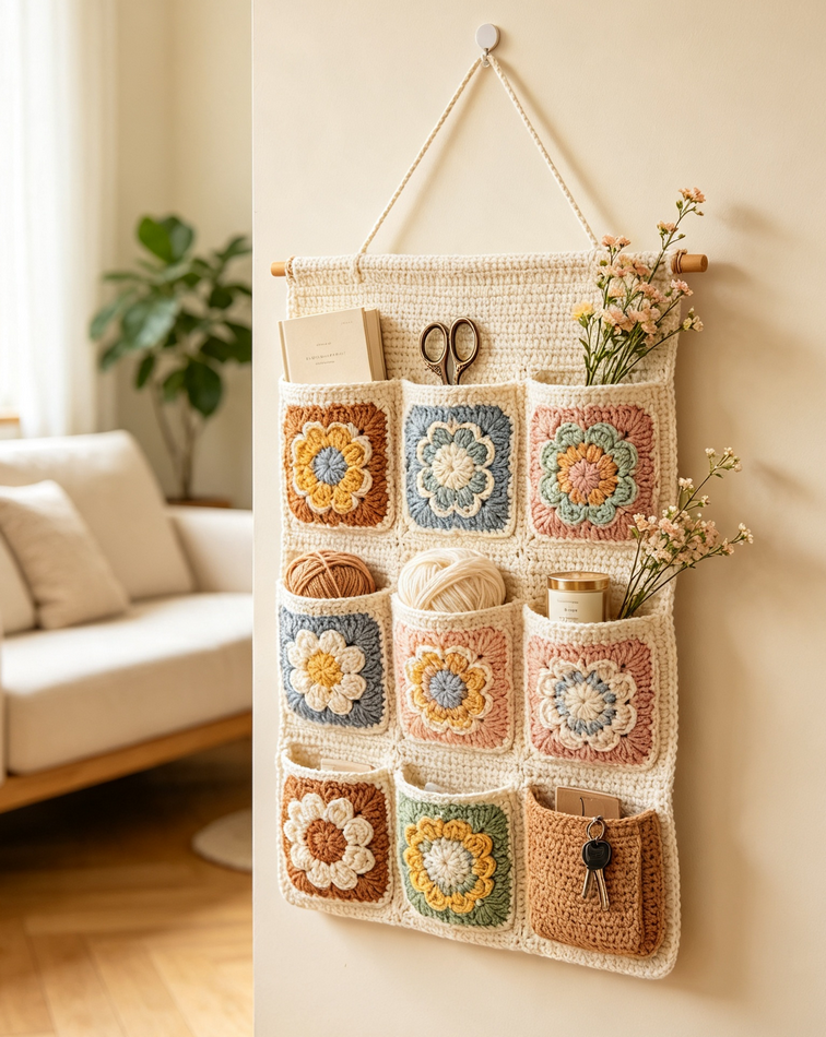 Handmade crochet wall organizer with a flower motif in yellow and brown tones, featuring multiple storage pockets and a wooden hanging dowel, displayed against a light wall in a cozy room setting โ a functional and decorative boho storage piece.