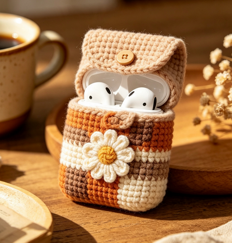 Handmade crochet AirPods case in soft pastel pink, featuring a textured stitch pattern and a cute floral appliqué with a yellow center, displayed on a light wooden surface – a cozy and unique accessory for your earbuds.
