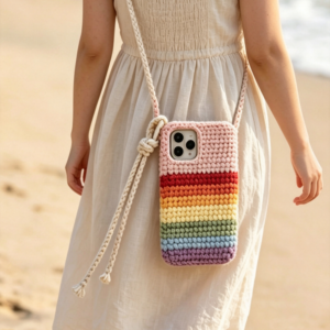 Woman in linen dress walking on beach wearing handmade rainbow crochet snug fit crossbody phone pouch with strap, boho summer beach phone sling bag