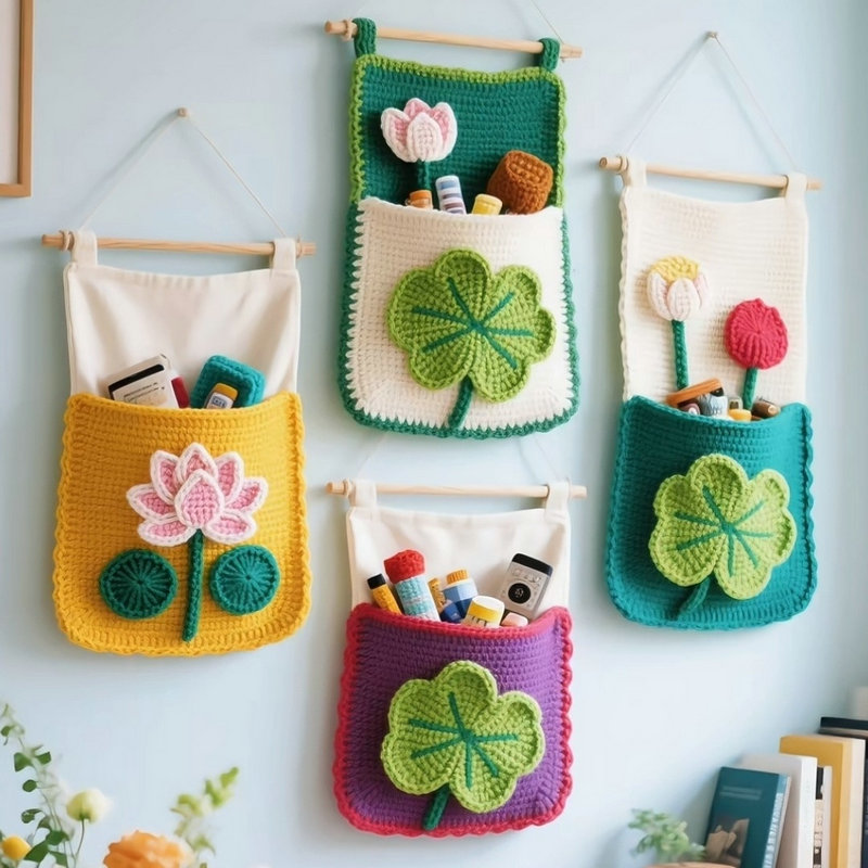 Crochet wall pocket with flower design and front storage pocket hanging on wall.