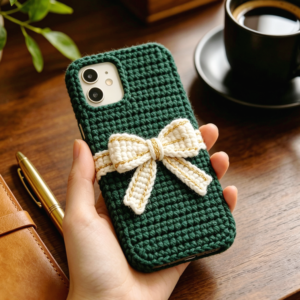 Hand‑held dark green handmade crochet phone case with cream gold‑trim bow