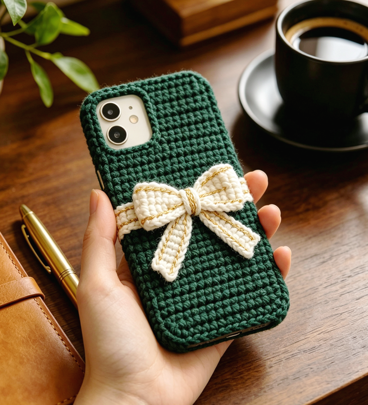 Hand‑held dark green handmade crochet phone case with cream gold‑trim bow