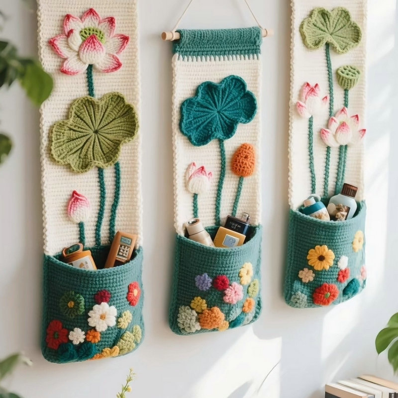 Crochet lotus flower wall organizer with pink and white petals and storage pockets hanging on a wall.