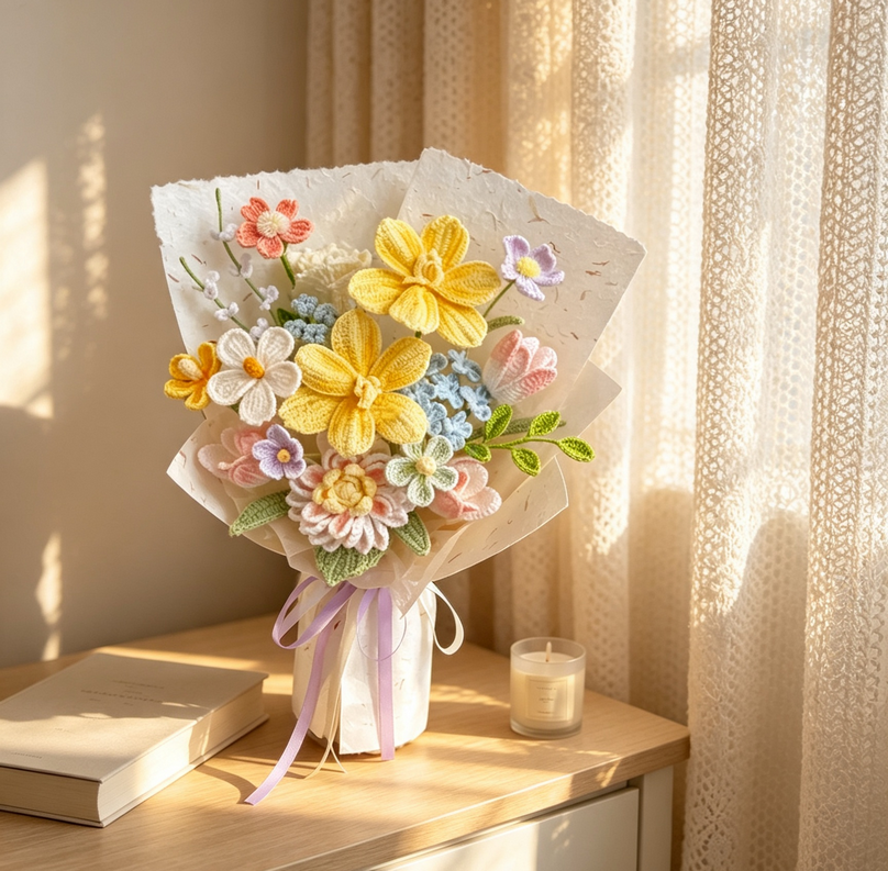 Handmade crochet flower bouquet on nightstand, cozy bedroom decor with yarn flowers, rustic farmhouse bedside table styling