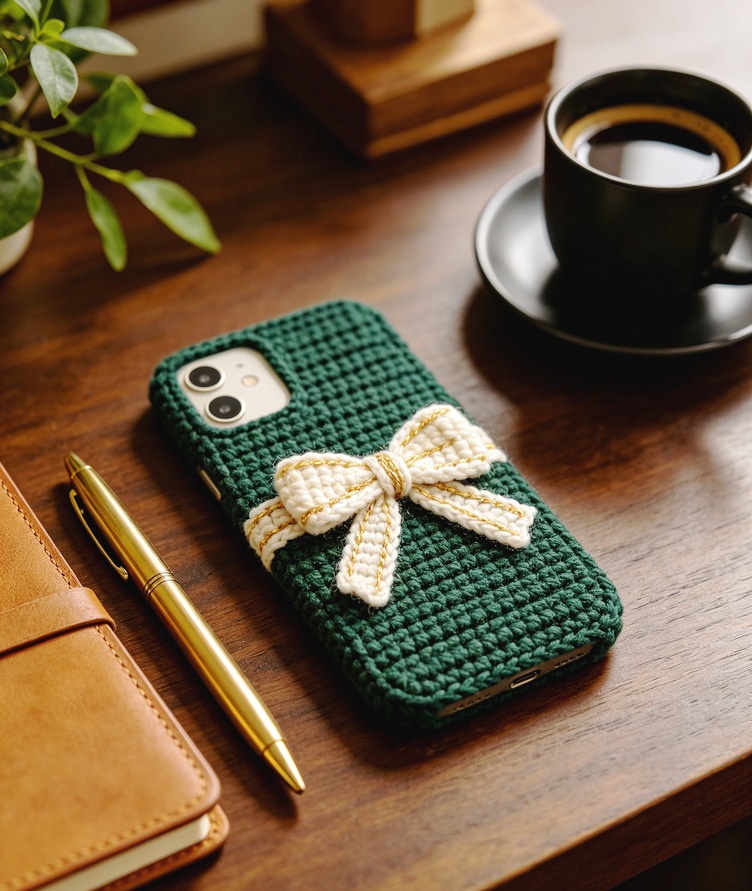 Dark green handmade crochet phone case with cream gold‑trim bow laid on vintage wooden table