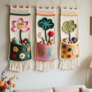 Crochet lotus wall organizer with pink and white petals and storage pockets hanging on a white wall.