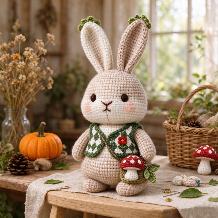 Handmade crochet bunny doll with green scarf, cute amigurumi rabbit with pumpkin and mushrooms, fall forest decor gift for kids
