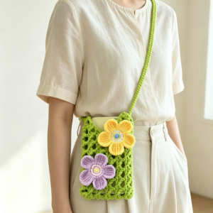 Handmade crochet flower phone bag, colorful granny square design with floral motif, soft cotton yarn crossbody pouch for phone and small essentials.