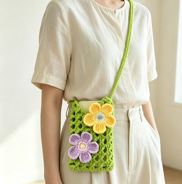 Handmade crochet flower phone bag, colorful granny square design with floral motif, soft cotton yarn crossbody pouch for phone and small essentials.