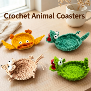 Crochet animal coaster set with googly eyes – squirrel, screaming lizard, dizzy duck, handmade funny drink mats, unique gift for home decor