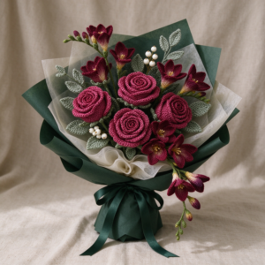 Handmade crochet flower bouquet with deep red roses and green leaves, wrapped in dark green paper.