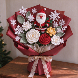 Crochet Christmas Santa bouquet handmade, red and white yarn flowers with snowflakes, holiday gift for mom or wife, no-wilt festive decor