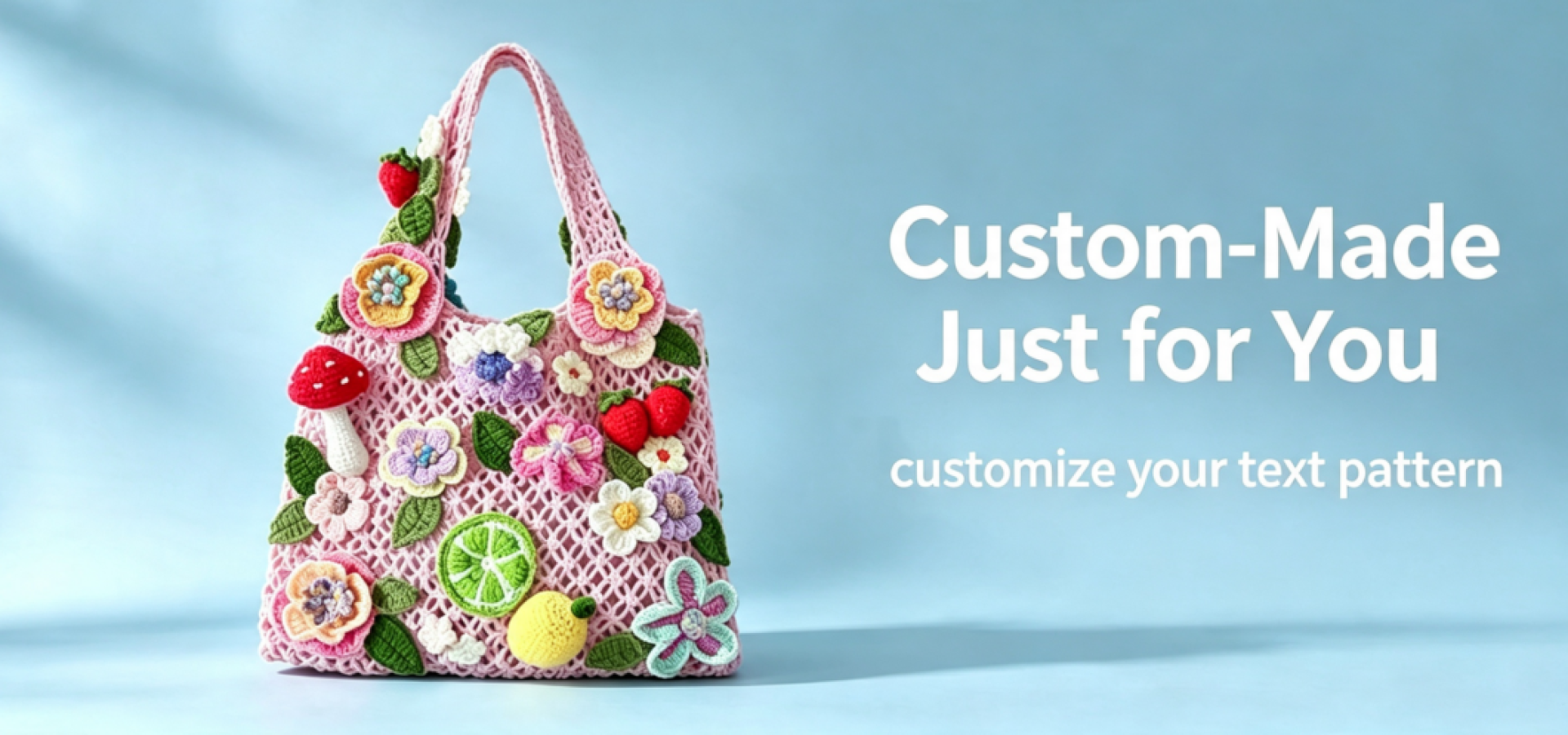 Handmade crochet pink tote bag decorated with colorful flowers, mushrooms, and lemon slices on a blue background. Custom crochet service available.